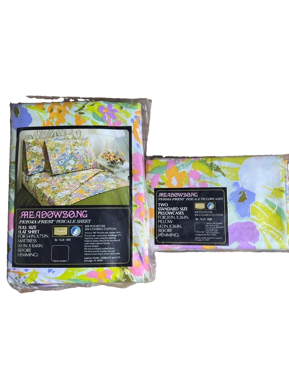 Vtg Meadowsong Perma Floral Sears Full Size Flat Sheet & 2 Pillowcase Set 1970